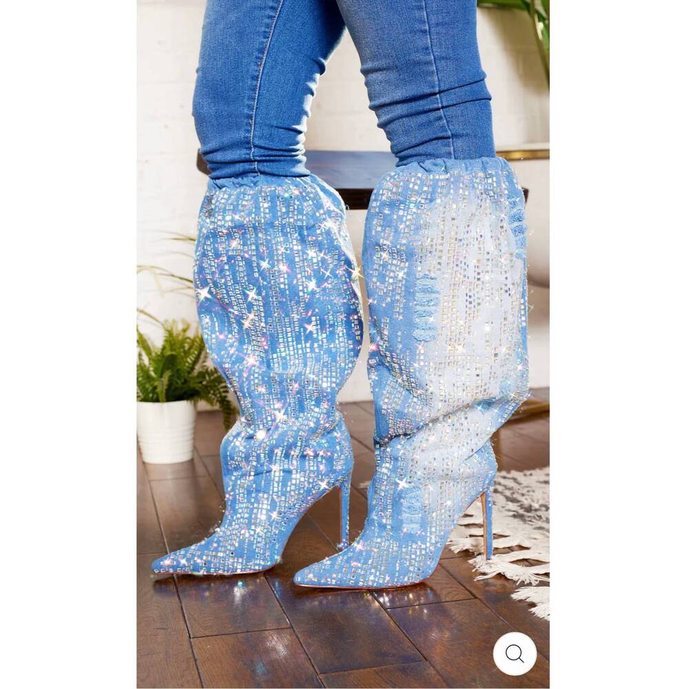 NEW PAZZLE women's abstract bling point toe boots in denim